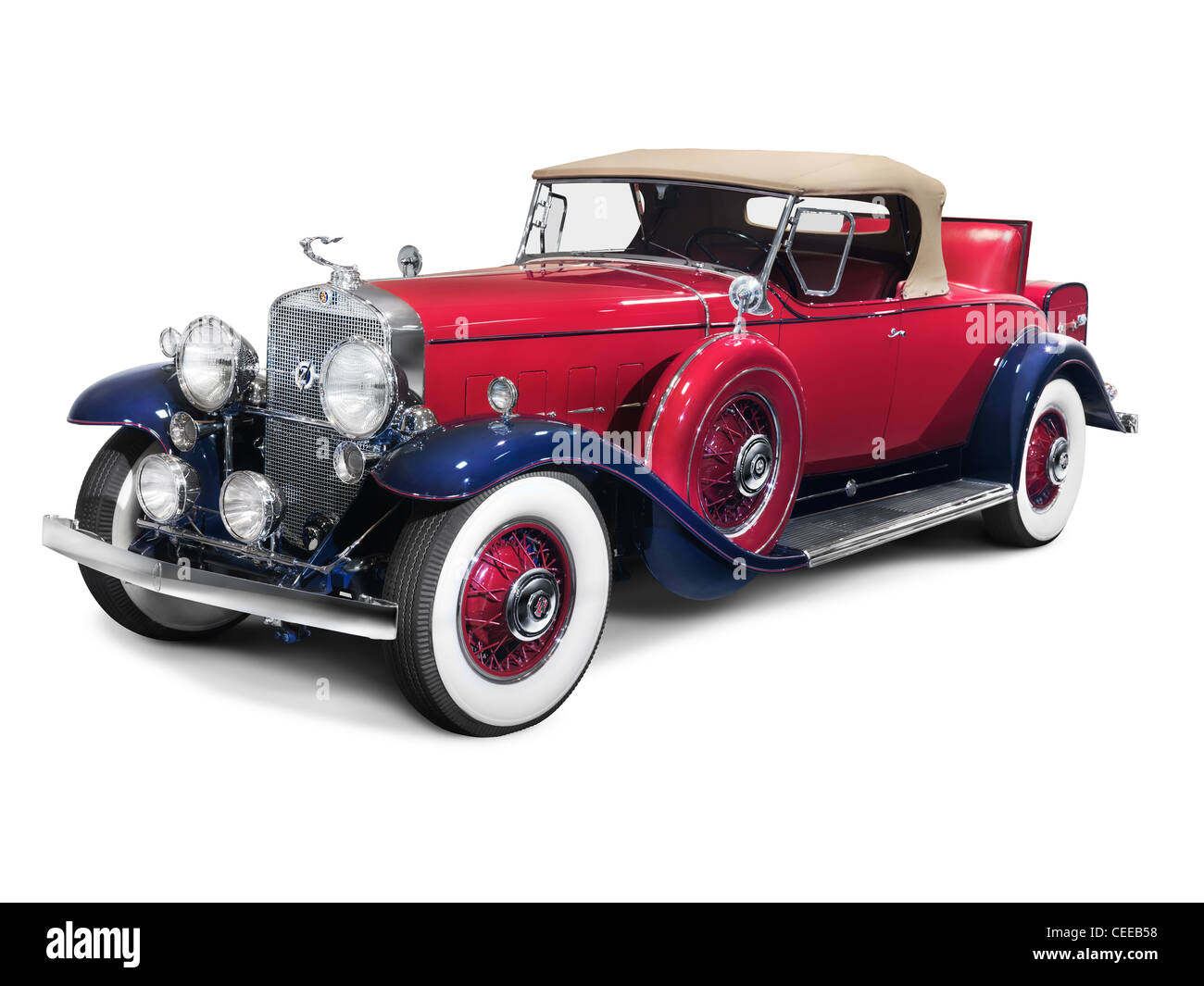 License and prints at MaximImages.com - License and prints at MaximImages.com - Red with blue 1931 Cadillac 452A V-16 Roadster american vintage Stock Photo