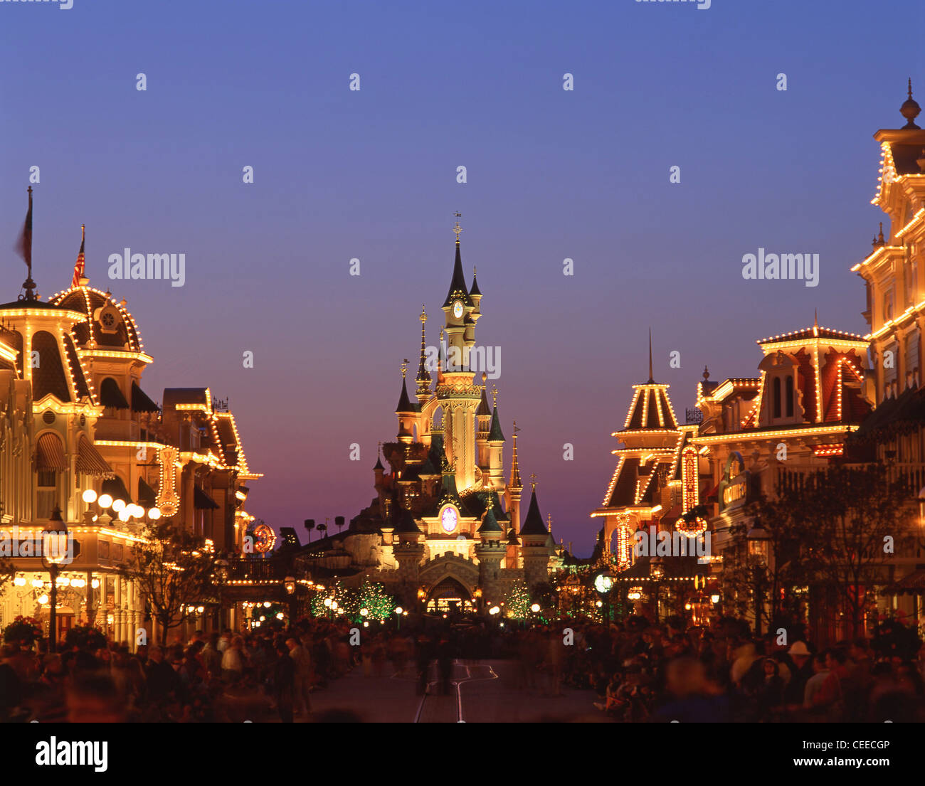Sleeping Beauty's Castle at dusk, Disneyland Park, Disneyland Paris, Marne-la-Vallée, Île-de-France, France Stock Photo