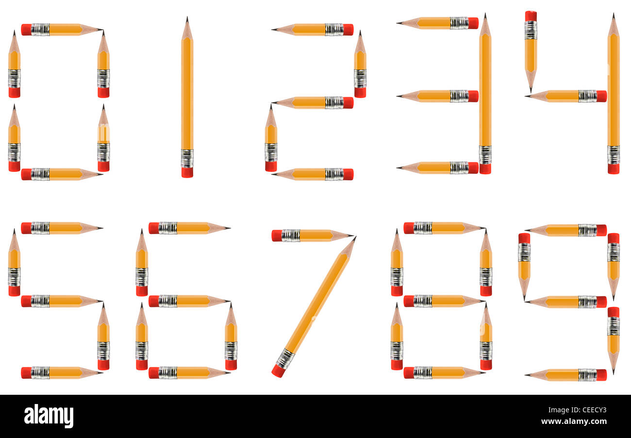 short Pencils isolated on white background arranged to create shape of numbers Stock Photo