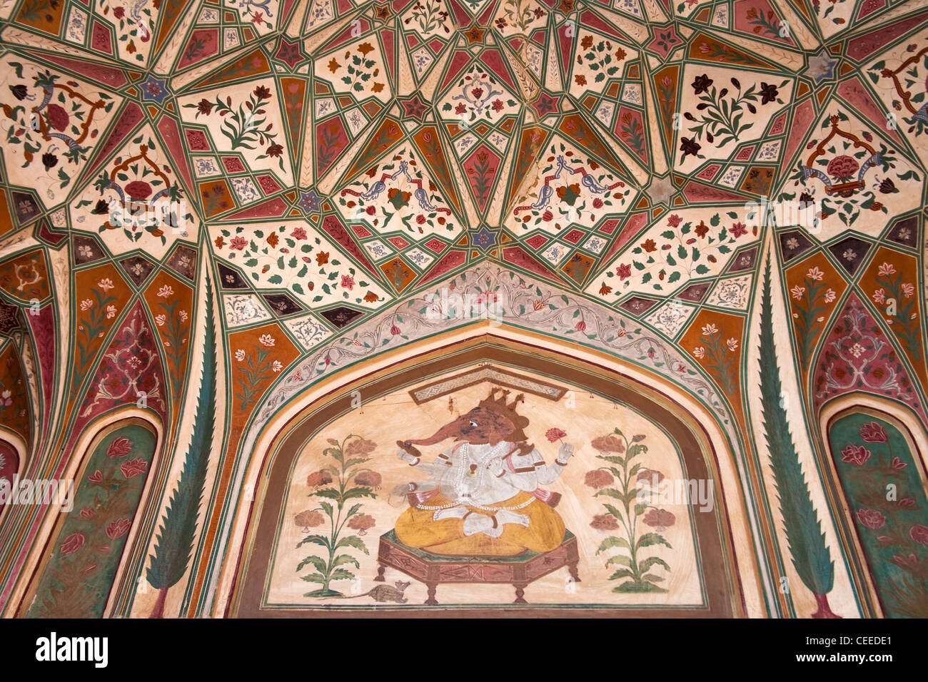 Ornate arcade decorated with tileworks inside Amber Palace, Jaipur, Rajasthan, India Stock Photo