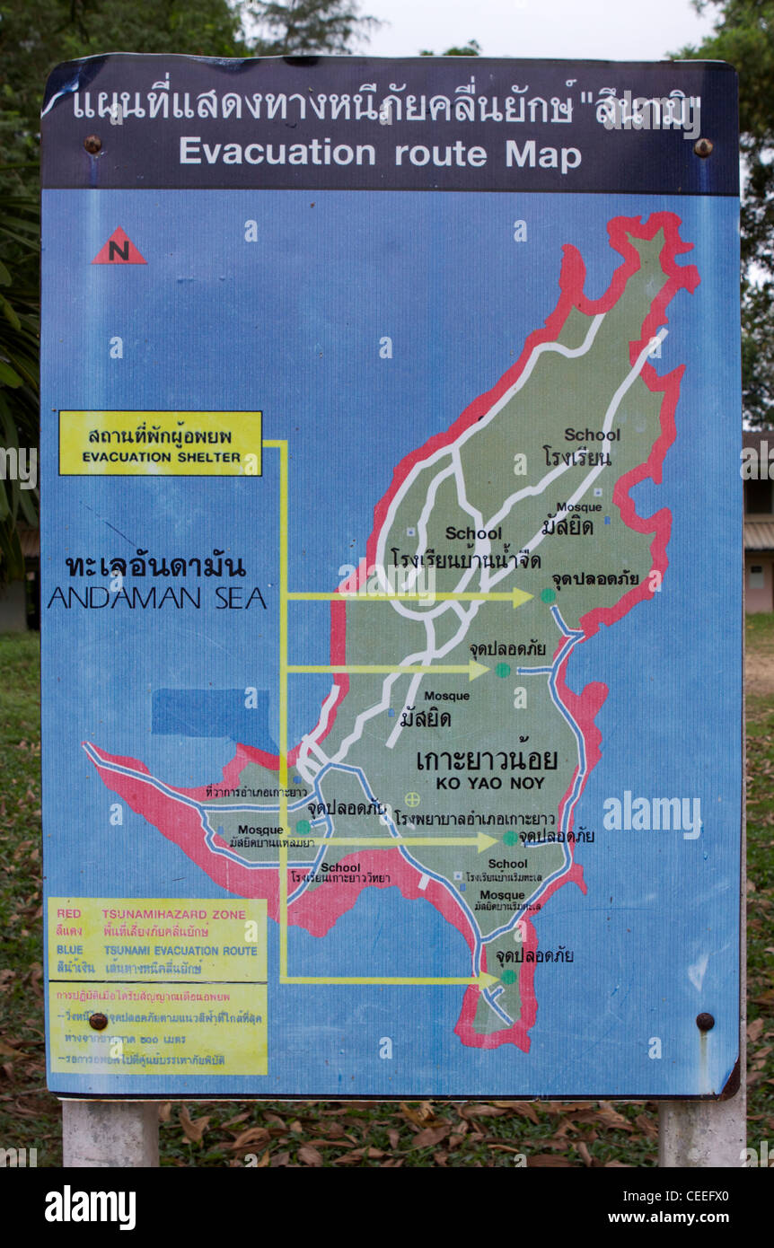 Tsunami evacuation route map indicating the location of safe shelters
