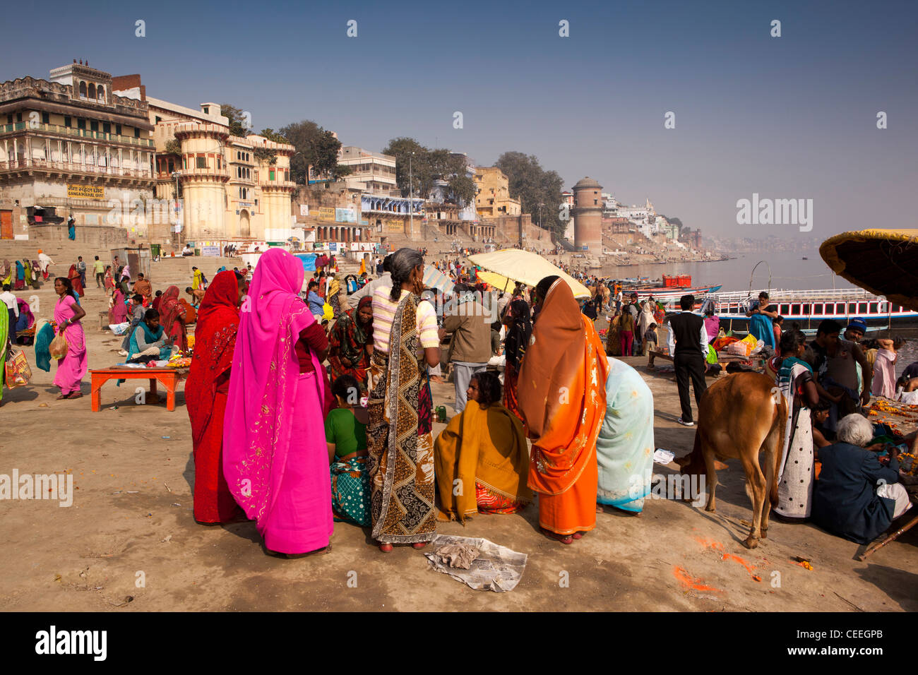 India, Uttar Pradesh, Varanasi, Assi Ghat, brightly dressed pilgrims gathered on banks of River Ganges Stock Photo