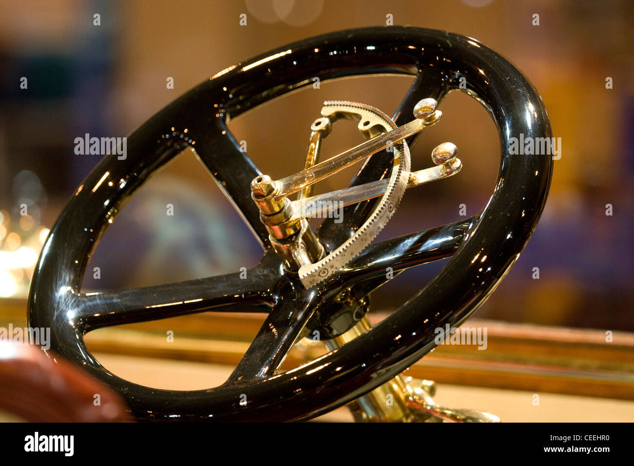 Classic car steering wheel pictured at the Classic Car Show held at the NEC, Birmingham. Stock Photo
