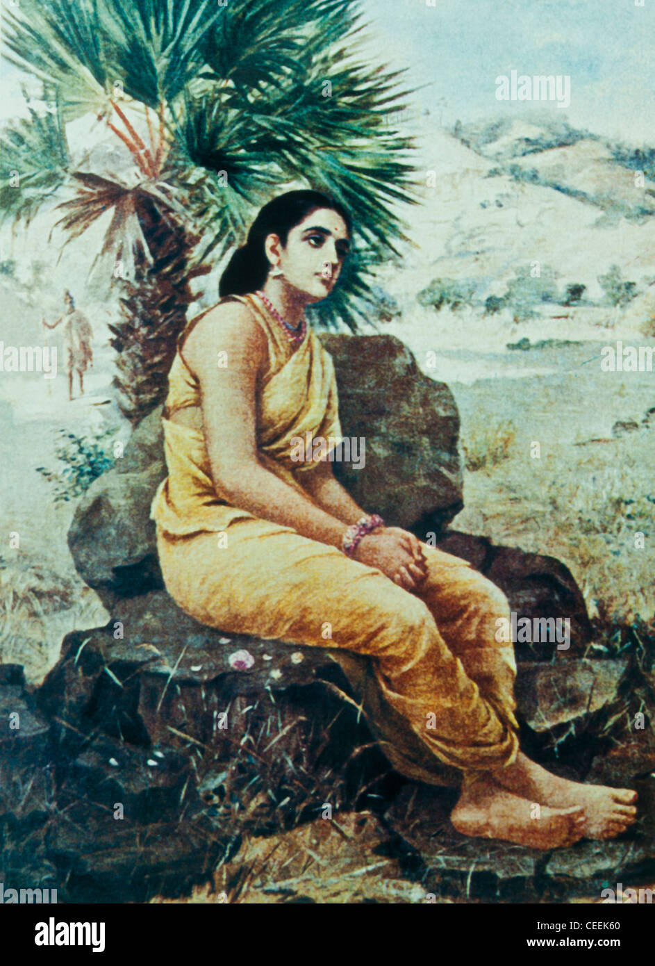 Sakuntala seated under the palmyrah tree, lost in thoughts. Oil painting on canvas by Raja Ravi Varma dated 1901 Stock Photo