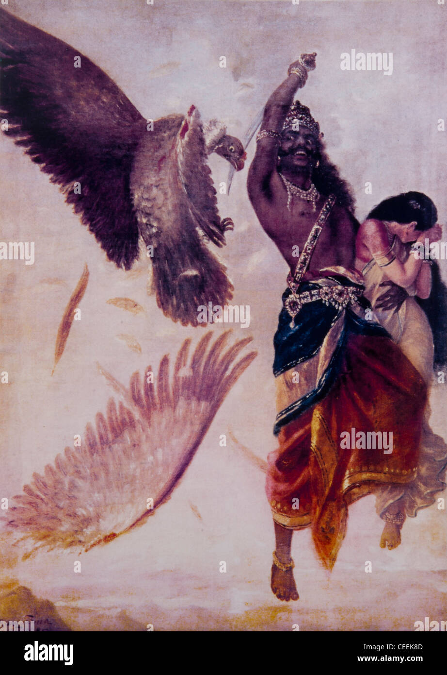 Ravana kidnapping Sita and killing Jatayu - Painting By Raja Ravi Varma Stock Photo