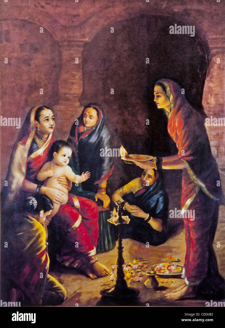 Raja Ravi Varma painting - Krishna Drishta - The viewing of the infant Krishna Stock Photo