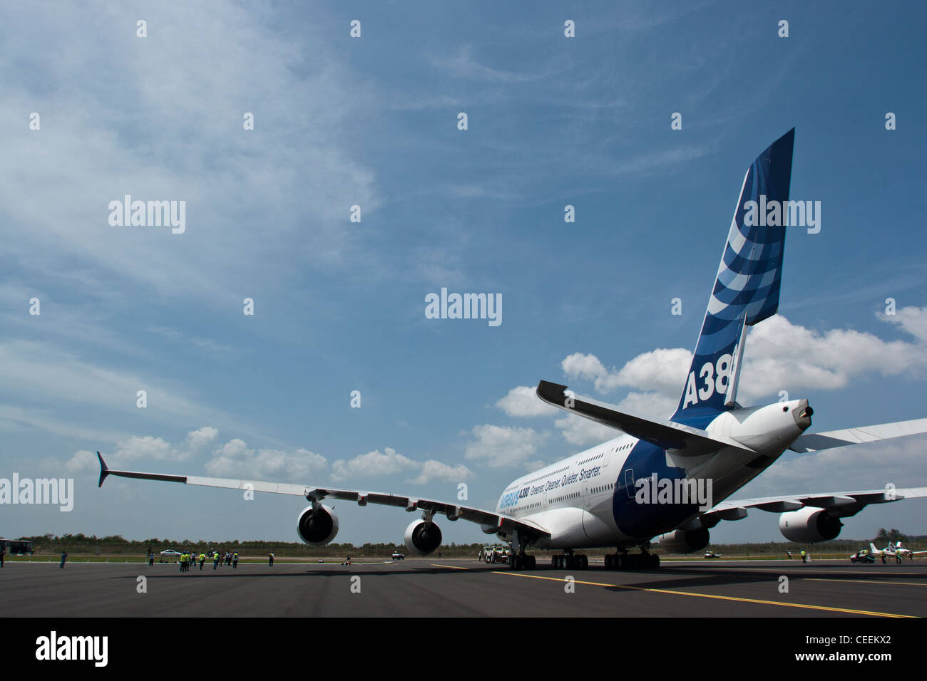 An Airbus SAS A380 aircraft is moved before its fly-by at the Singapore Airshow February 19, 2008 Stock Photo