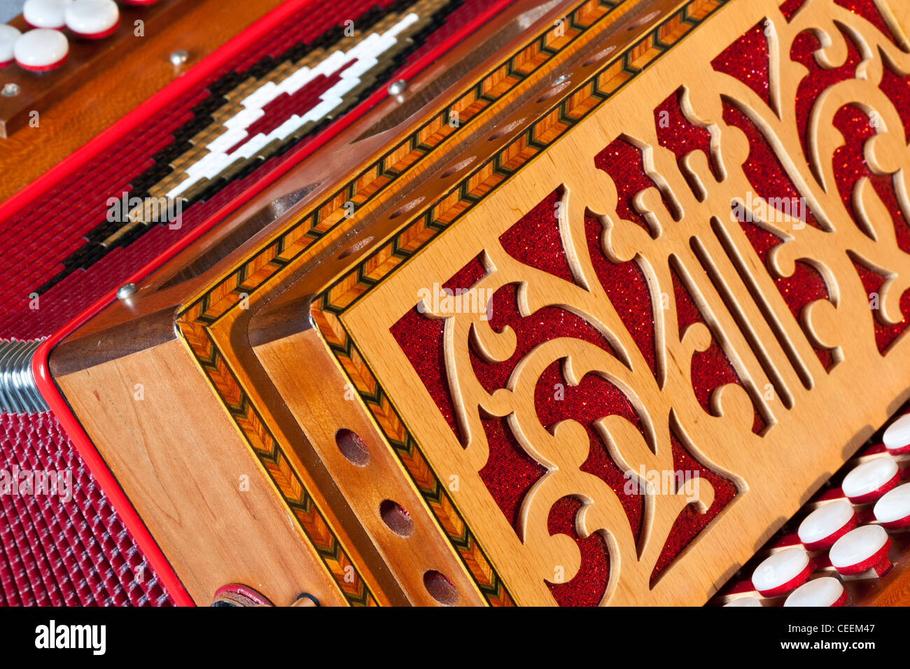 An Italian melodeon or diatonic button accordion. Made by Serenellini