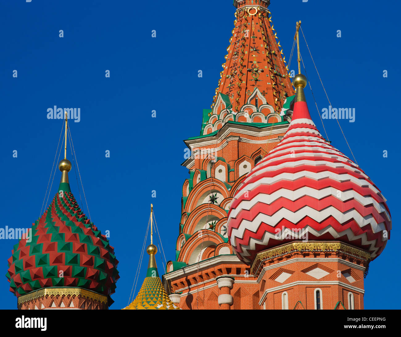 Details of the St. Basil's cathedral on Red Square of Moscow, Russia against the background of deep blue sky Stock Photo