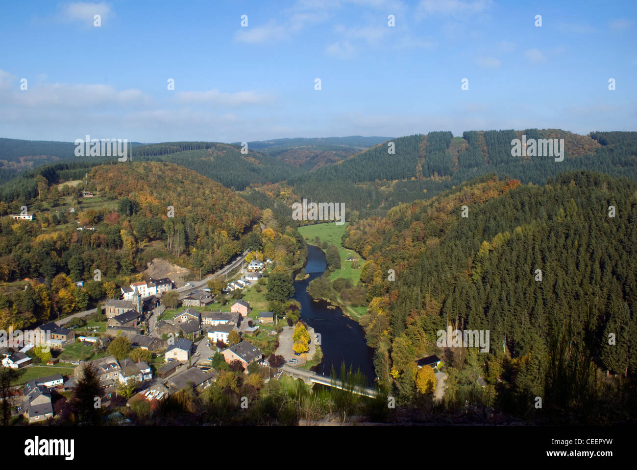 View of a village in a  valley of Belgium in the ardennes on autumn Stock Photo