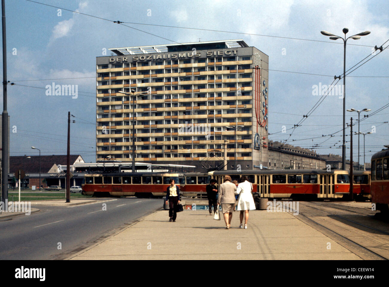 Dresden 1973: Skyscraper in the town centre with the Slogan "Socialism will win". Stock Photo