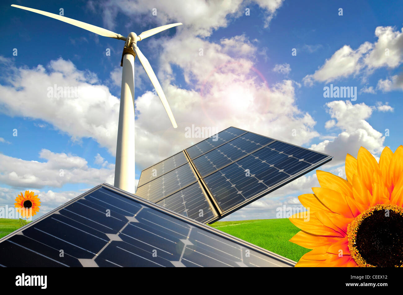 Sunflowers, solar panels and wind turbines in a green field Stock Photo ...