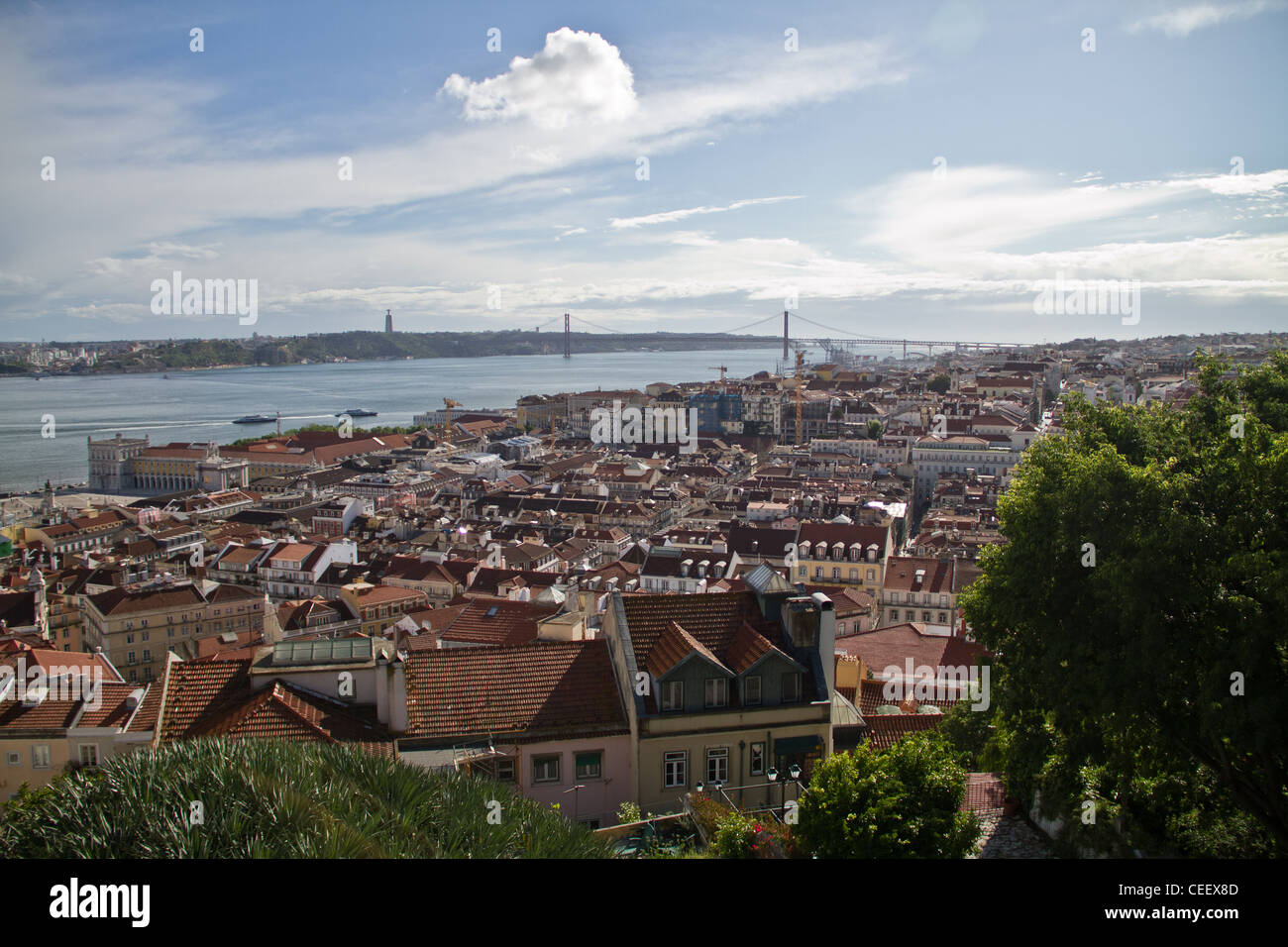 A beautiful view seen from the Castelo de São Jorge of the Portuguese bridge 25 de Abril. Stock Photo