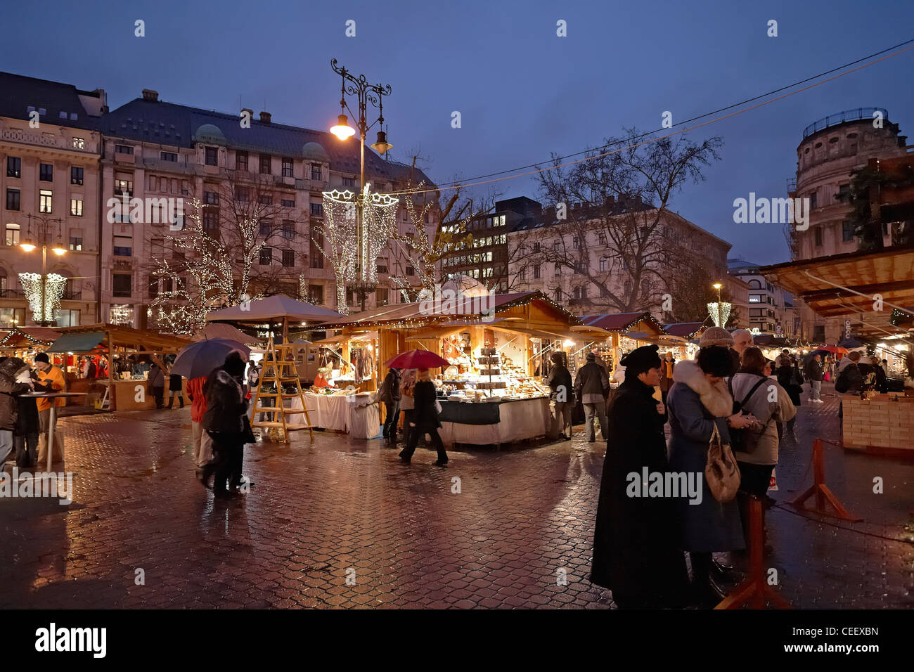 Budapest Hungary Christmas market Vorosmarty square Stock Photo