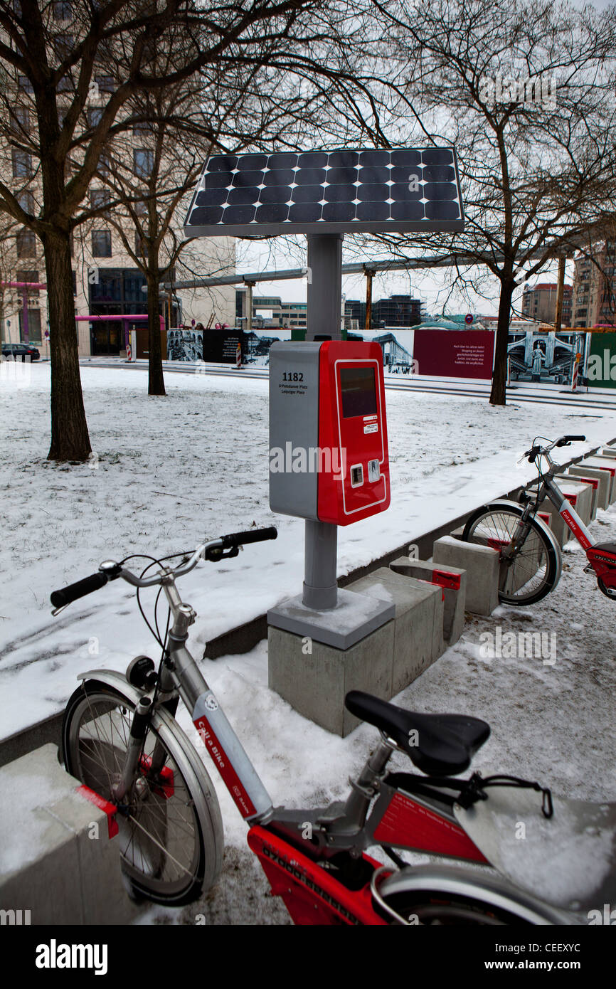 Berlin Germany, winter parking for Bicycles on rental hire Stock Photo