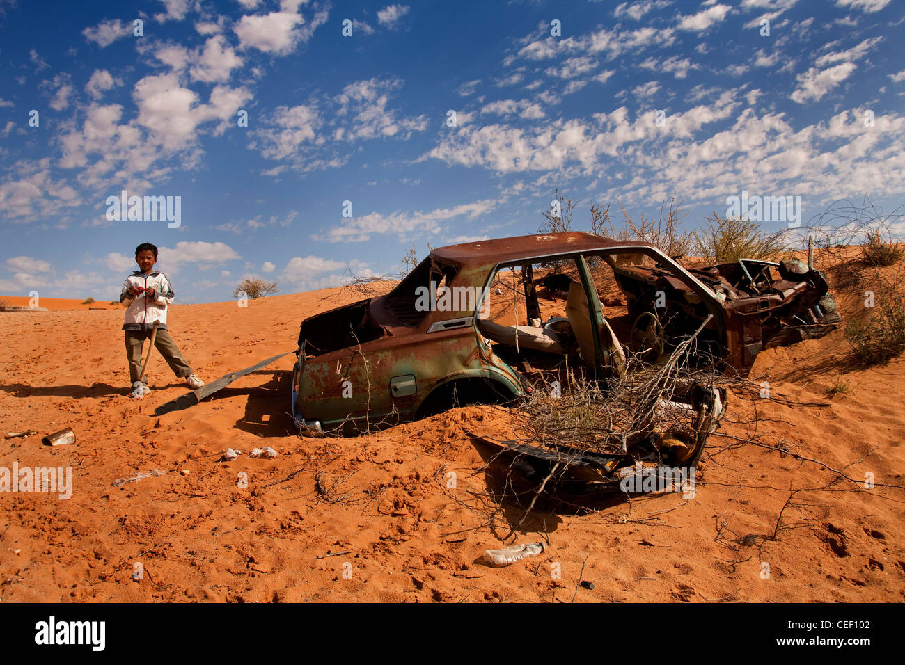 Wrecked car in the Kalahari Desert near the Kgalagadi Transfrontier Park, southern Africa Stock Photo