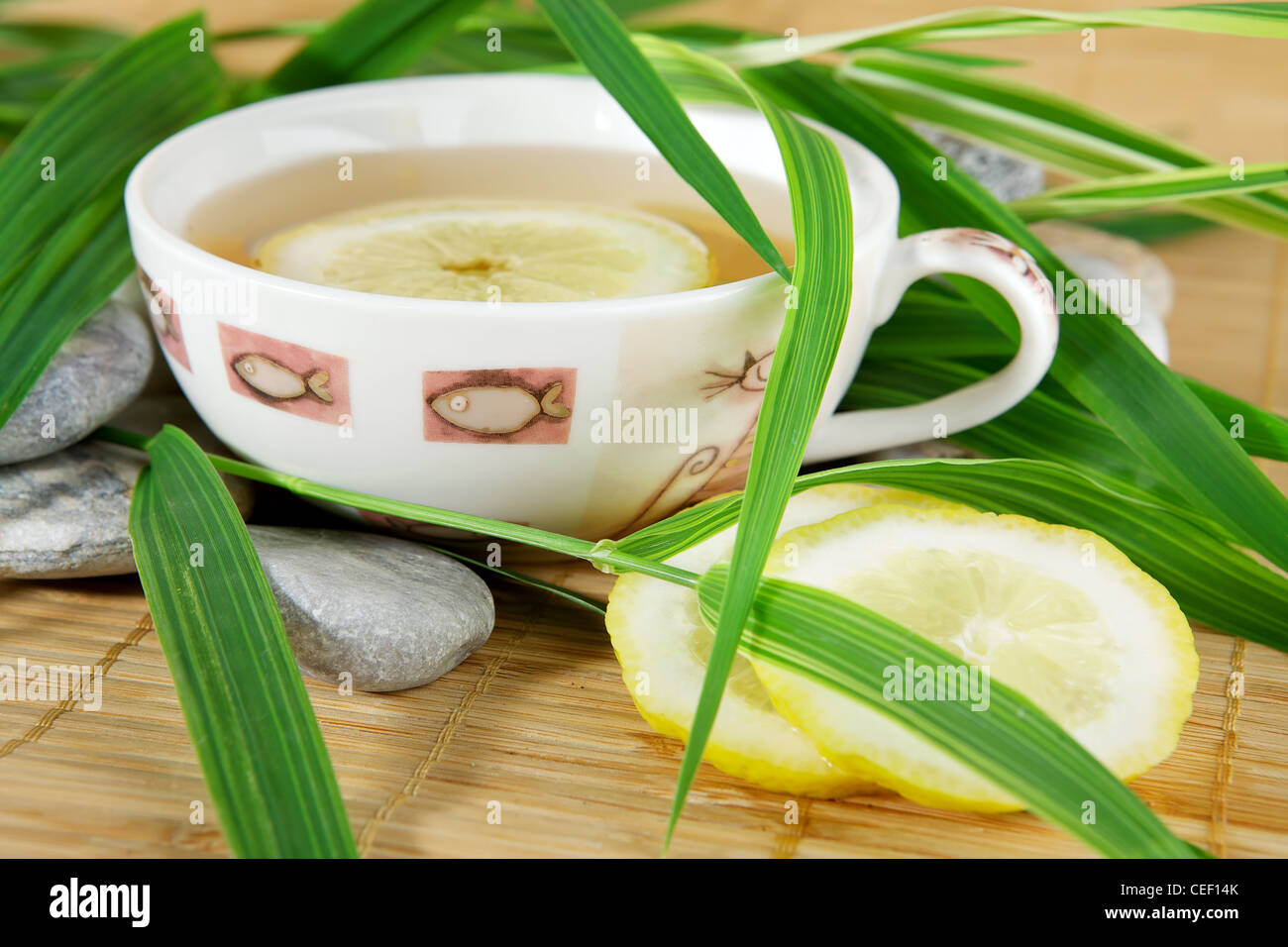 Healthy green tea cup wiht lemon Stock Photo
