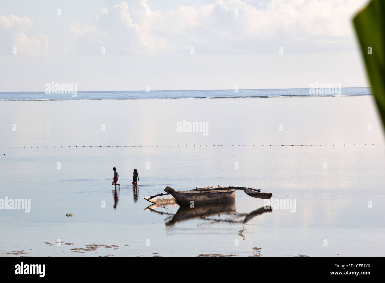 Two Zanzibari village girls going out to catch octopus in the sea at low tide off the coral reef at Bwejuu, Zanzibar Island, Tanzania Stock Photo