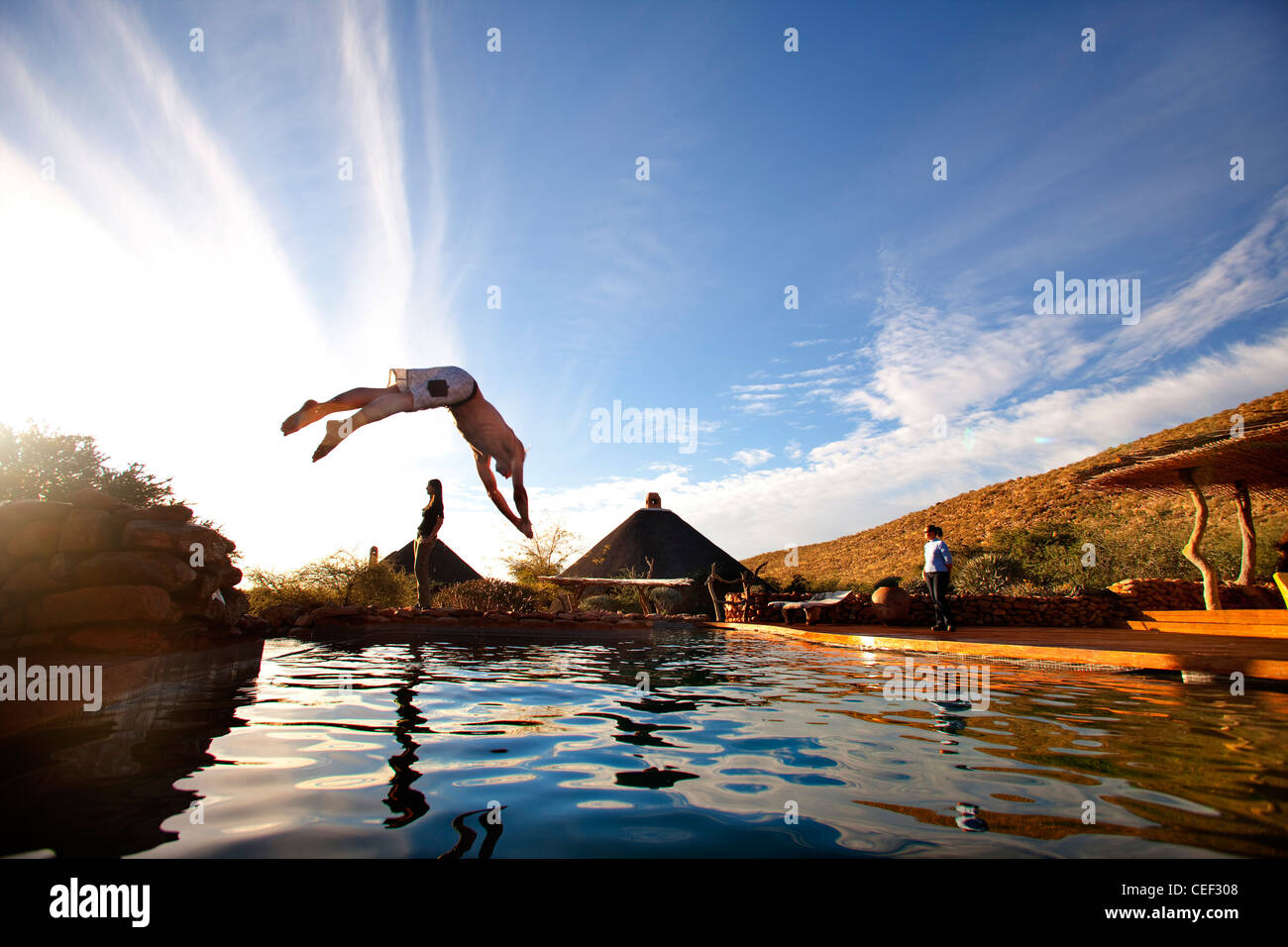 Central lodge pool, Tswalu Kalahari Reserve, the Oppenheimer family-owned reserve near the very small town of Vanzylsrus. Stock Photo
