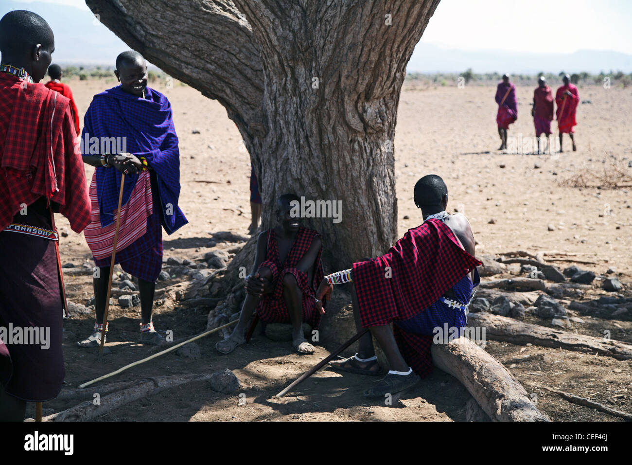 5.2.2009 Maasai men near their village in Amboseli National Park, Kenya, East Africa. Stock Photo