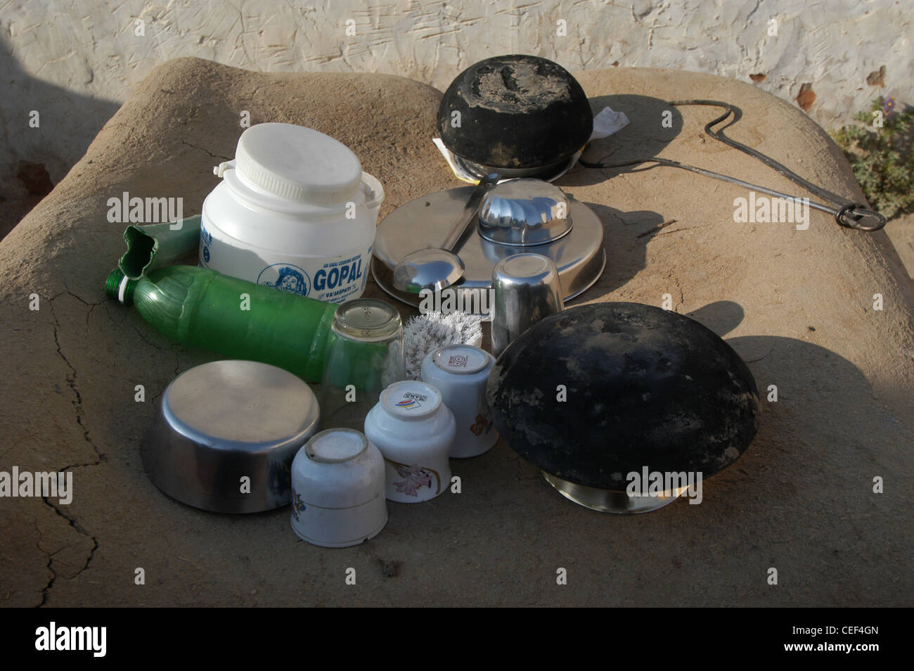 cutlery, pans, of a family in Rajasthan, India Stock Photo