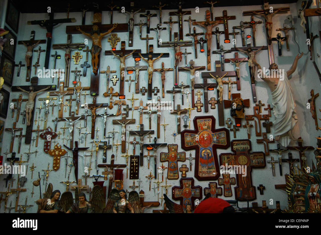 Mexico City shop with crucifix, crucifixion, Jesus, souvenir, memento, cross Stock Photo