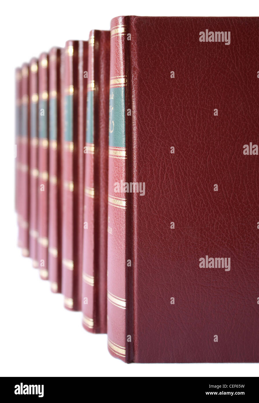 Row of books with red leather hard cover on a white background. Stock Photo