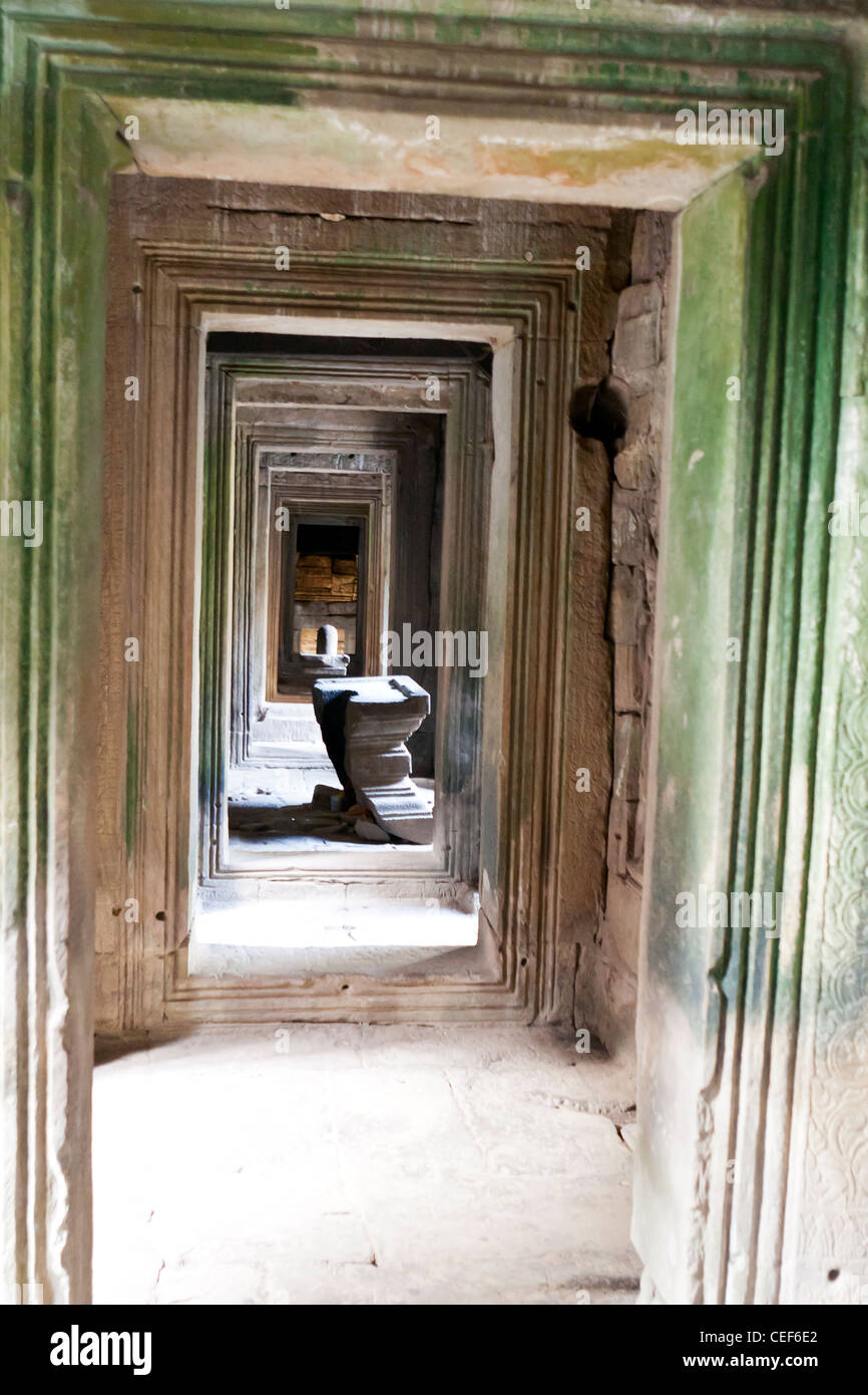 Stone altar framed by multiple doorways at Angkor Wat temple, Cambodia Stock Photo
