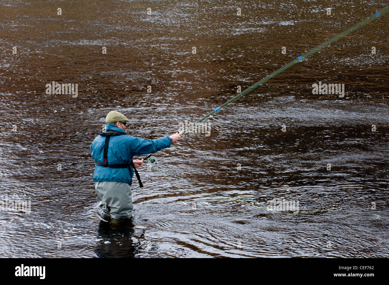 Man Salmon Fishing in the River Oykel, Sutherland, Scotland, UK Stock Photo