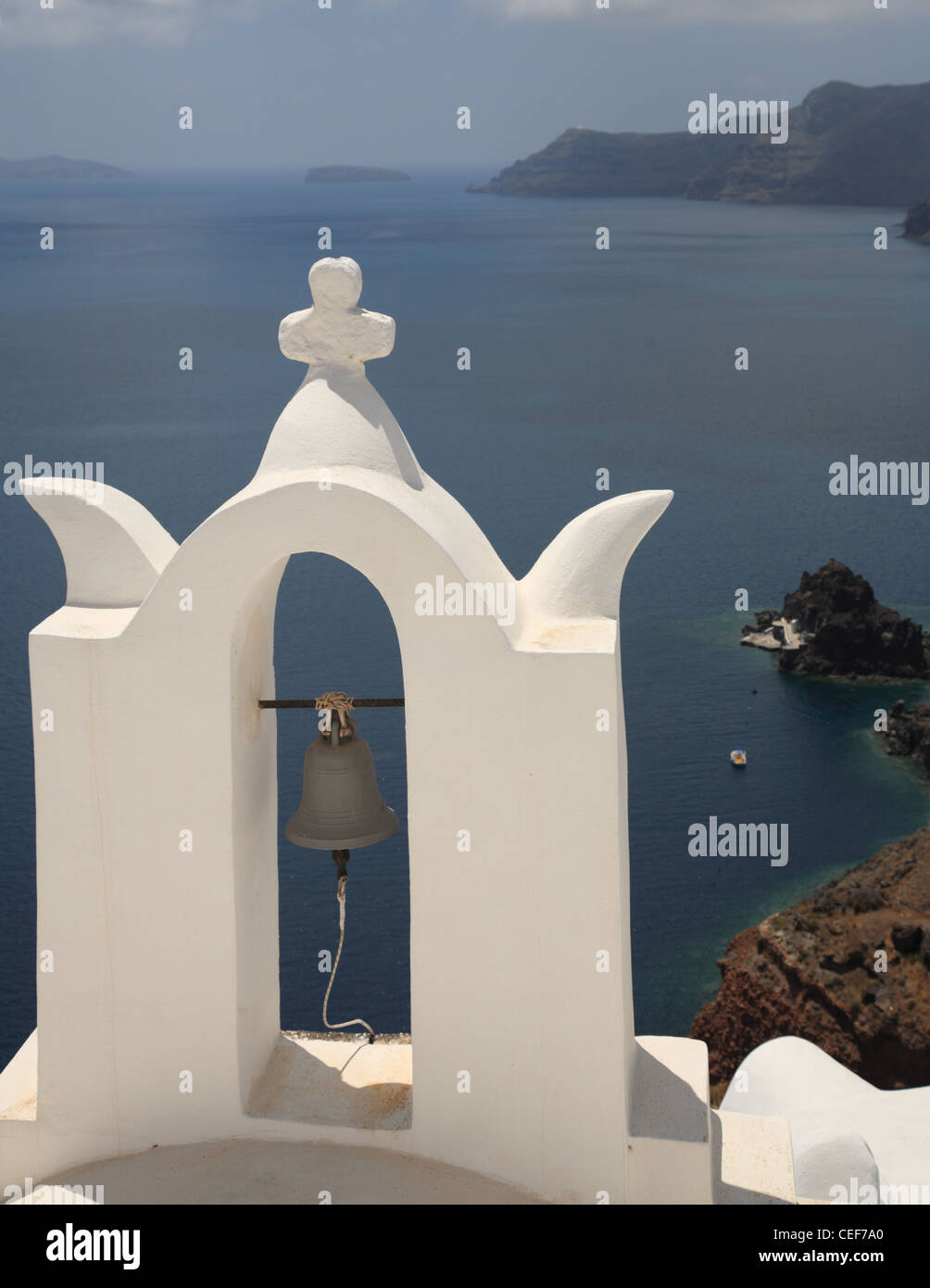Byzantine Greek Orthodox church bell tower, Oia, Santorini, Cyclades Islands, Greece Stock Photo