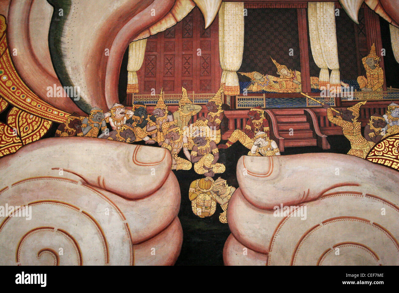 Murals depicting the Ramakien in a cloister (Temple of the Emerald Buddha) Wat Phra Kaew, The Grand Palace Bangkok. Thailand. Stock Photo