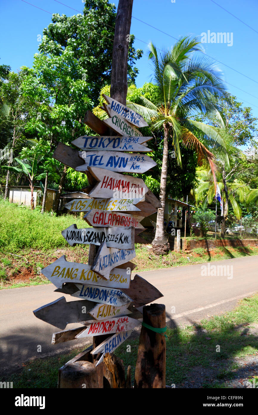Sign to destinations all over the world in Santa Catalina , Veraguas Province , Panama Stock Photo