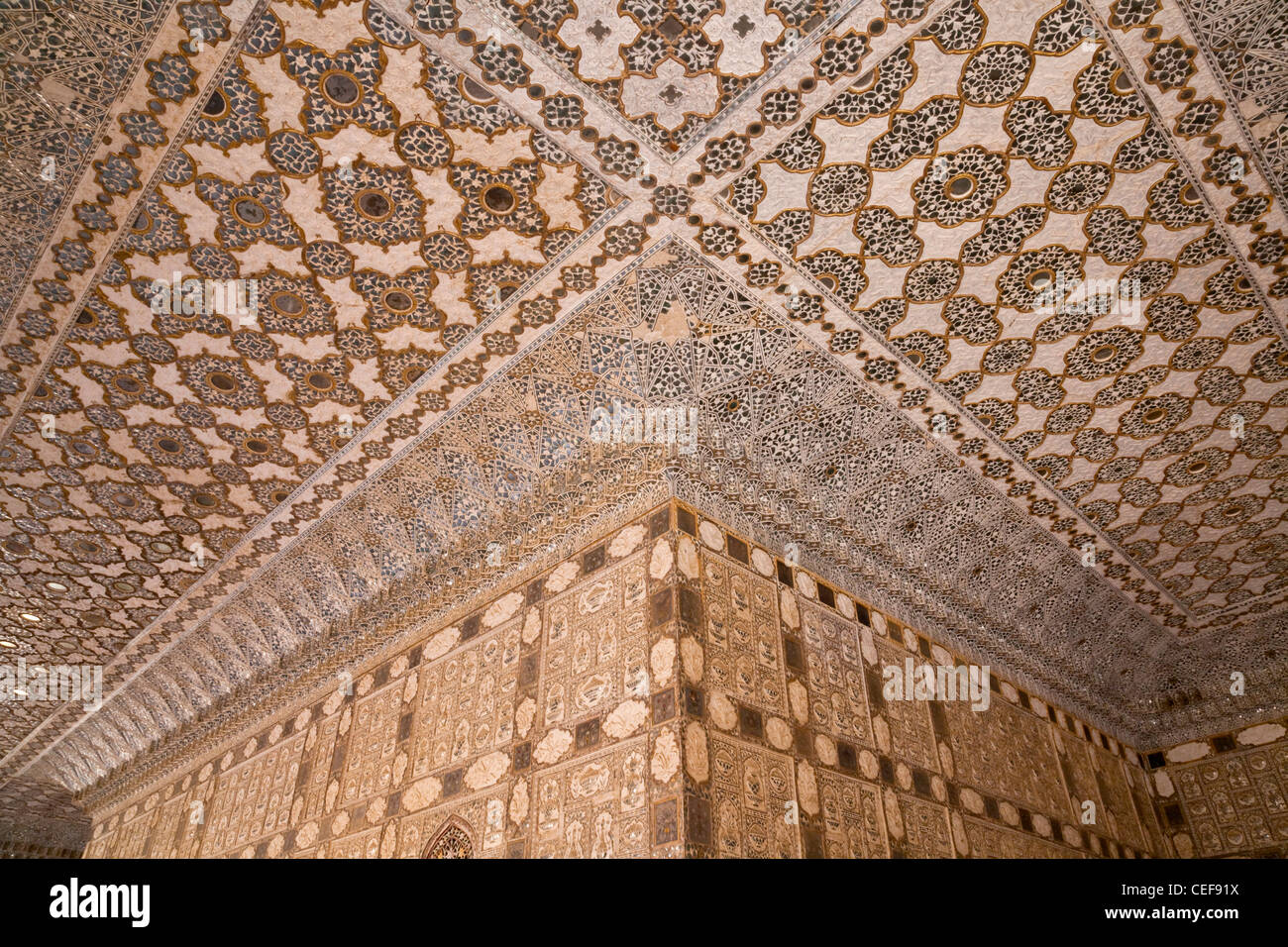Ornate arcade decorated with tileworks inside Amber Palace, Jaipur, Rajasthan, India Stock Photo