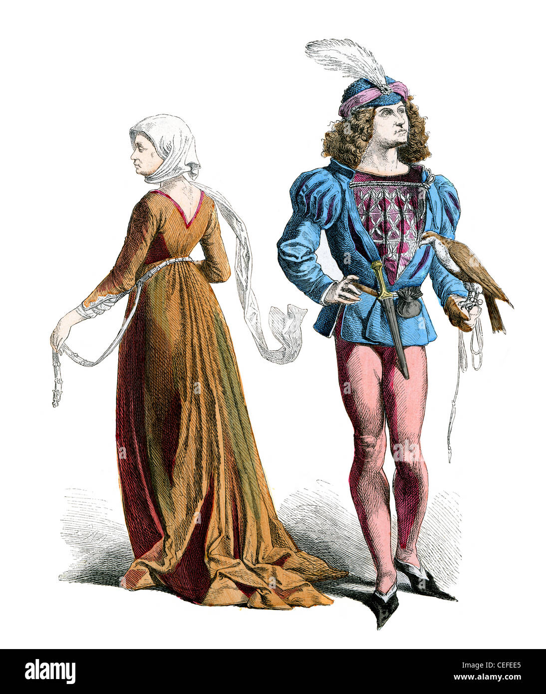 A couple dressed in the fashion of the last half of the 15th century, in France Stock Photo