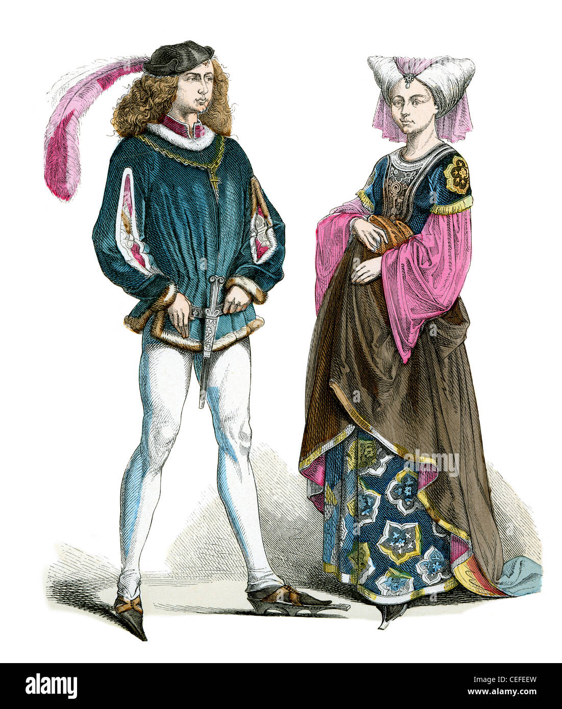 A couple dressed in the fashion of the last half of the 15th century, in France Stock Photo