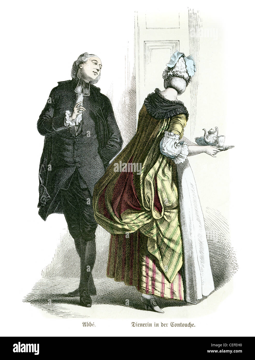 A French Abbe and servant wearing a Contouche (or robe à la française, robe battante,  sack dress), from the 18th century Stock Photo