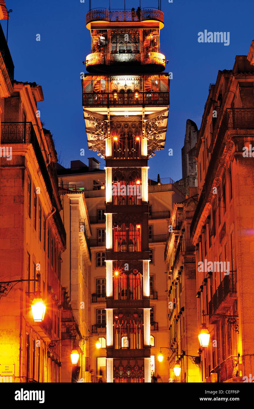 Portugal, Lisbon: Nocturnal illuminated elevator Santa Justa Stock Photo