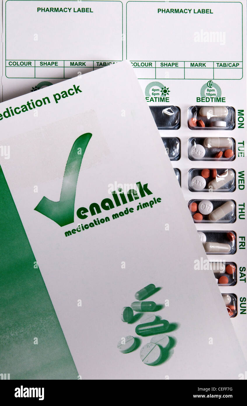 Venalink blister pack to help patients take pills at the correct time - often used to dispense medication in care homes. Stock Photo