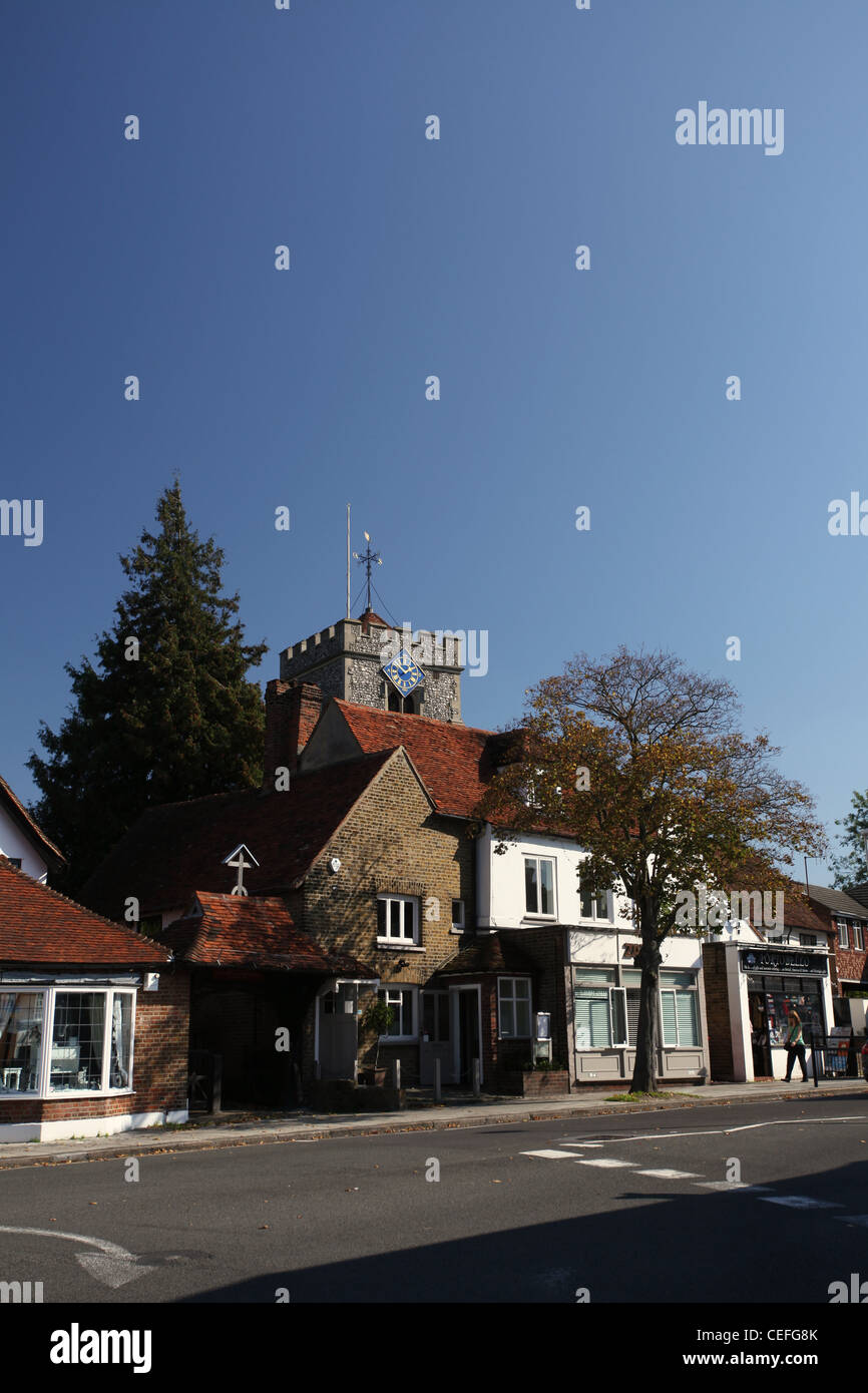 A view of St. Martin's Church and High Street in Ruislip, London Borough of Hillingdon Stock Photo