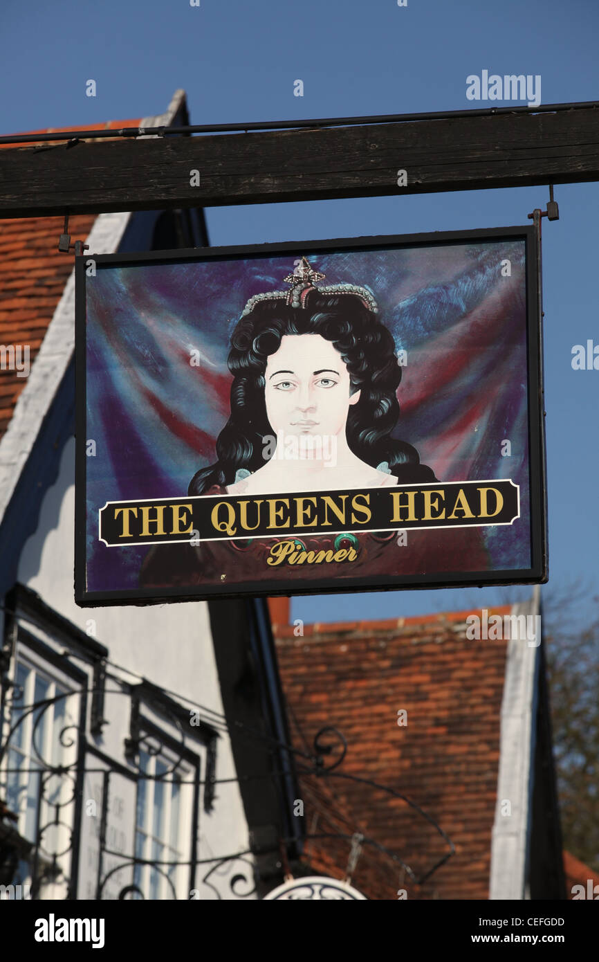 A view of The Queens Head Pub and Pinner High Street, Middlesex, London