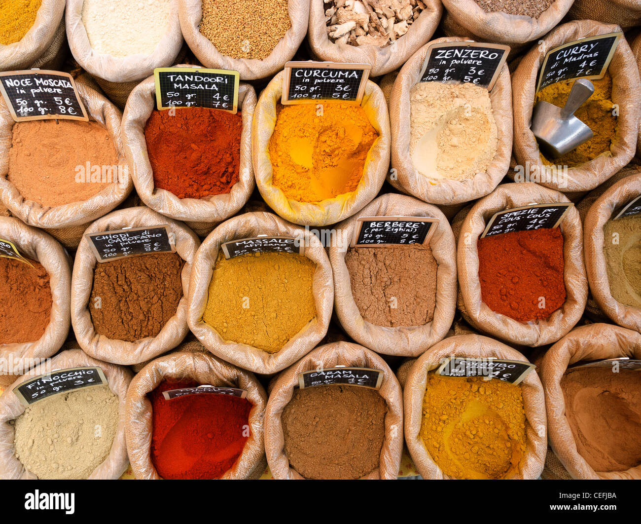 Colorful Spices In Cloth Bags To Afiera Stock Photo Alamy
