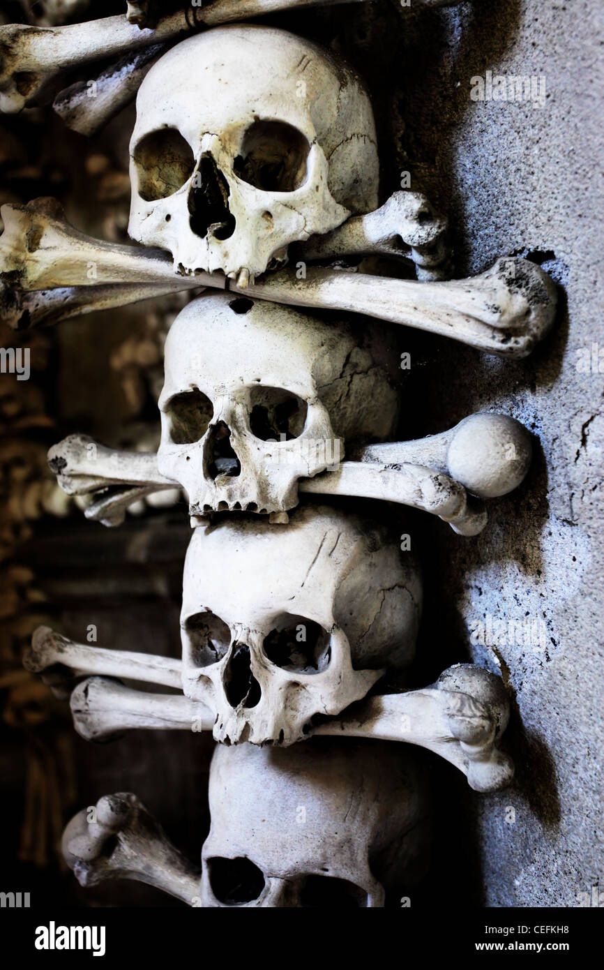 Skulls and bones in the bone chapel in Kutna Hora, Czech Republic Stock Photo