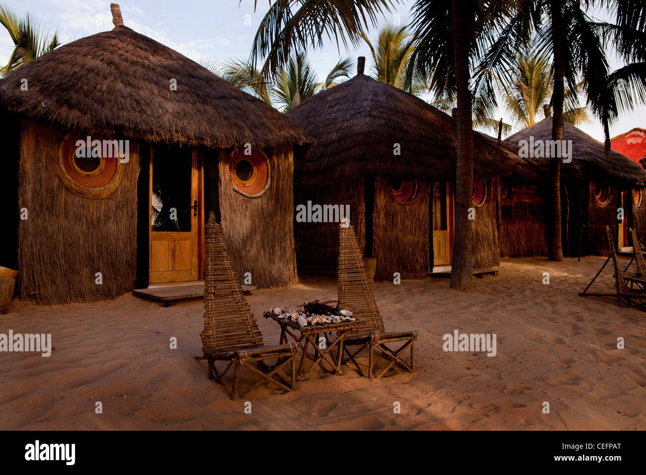 Beach accomodation in the Tama Lodge, a luxury hotel in Mbour, Senegal. Stock Photo