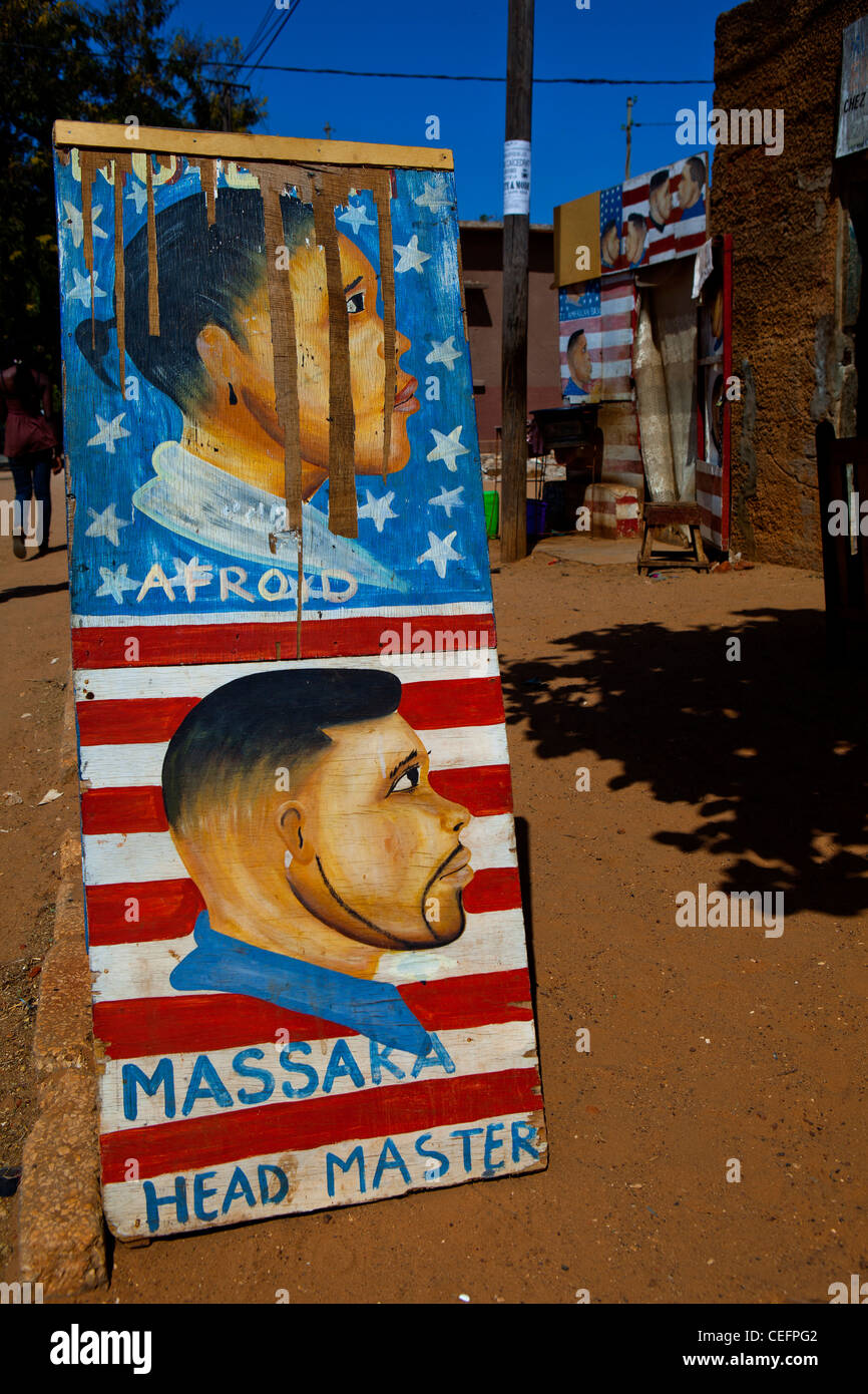 Barber's American influenced hand painted sign Saly, Senegal Stock Photo