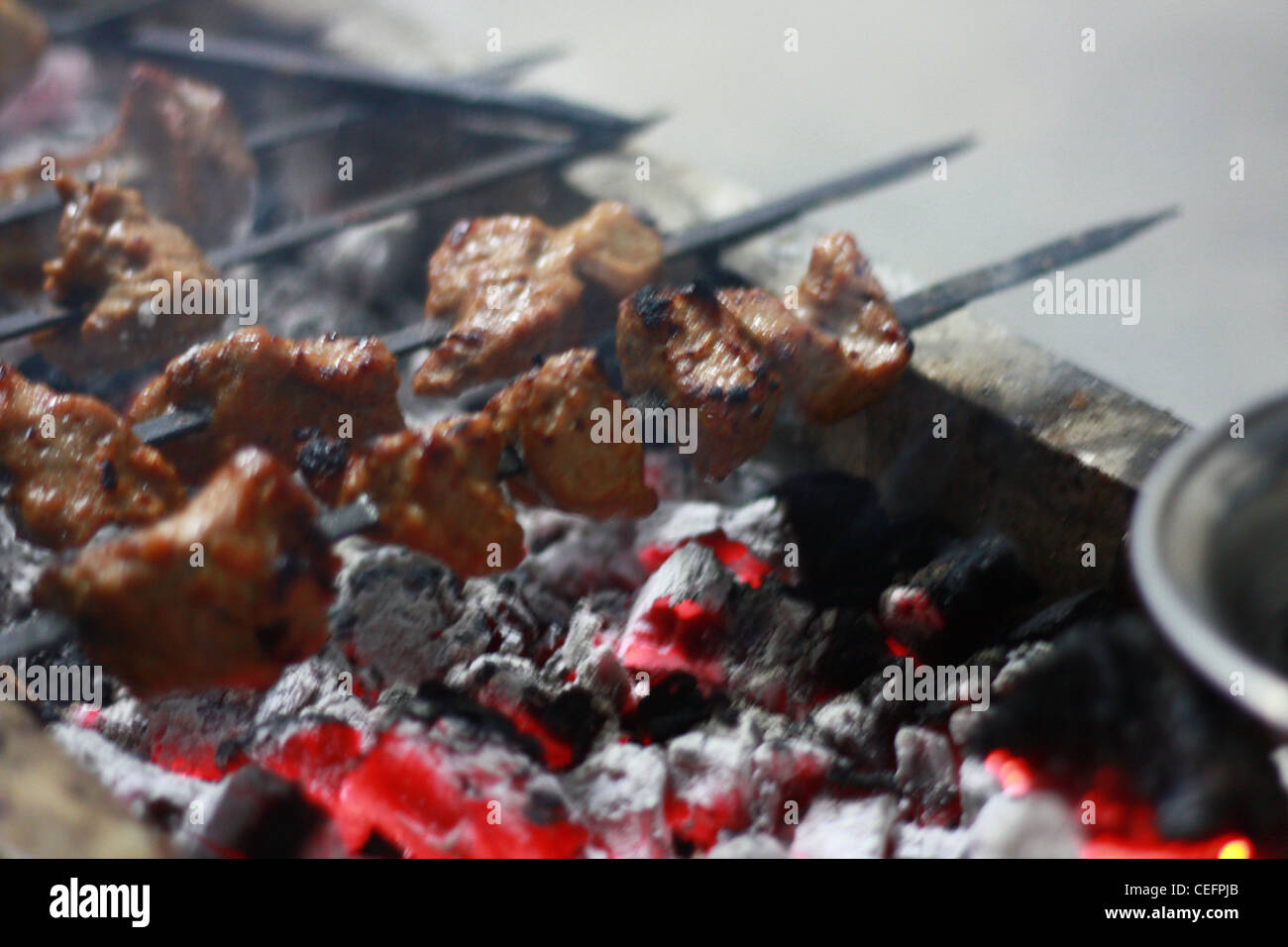 BBQ night out, cooking meat on coal and skewers Stock Photo