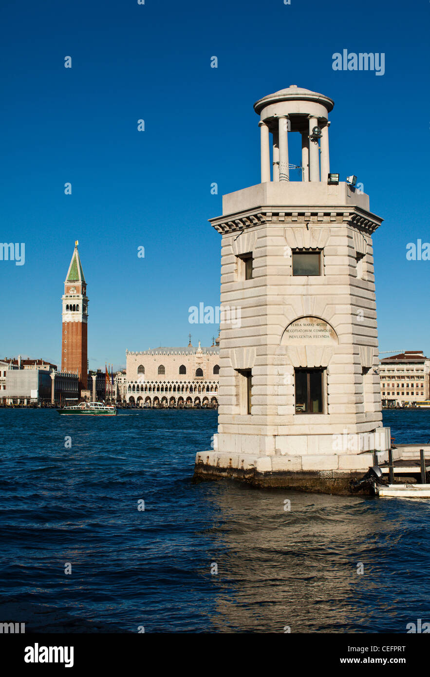 The harbour entrance to San Giorgio Maggiore with the Campanile in the distance. Venice, Italy. Stock Photo