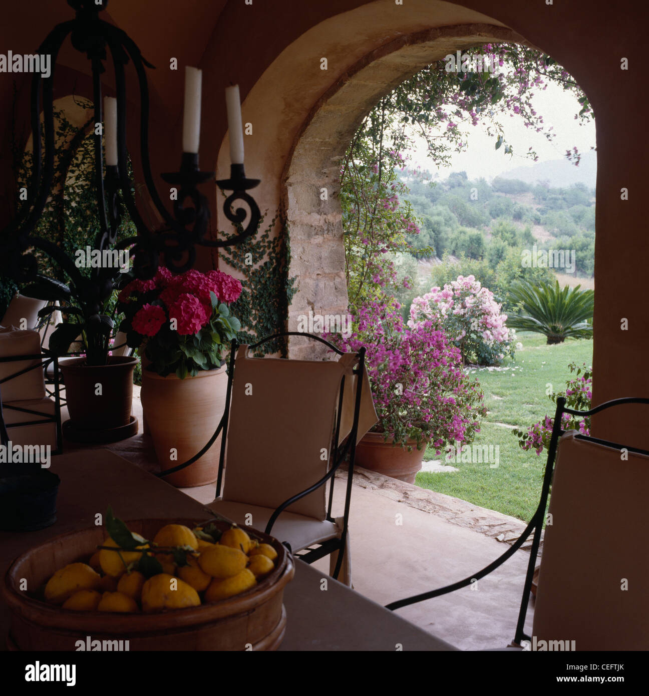 Bowl of lemons on wooden table in Majorcan dining room with large terracotta pot beside archway with view of the garden Stock Photo