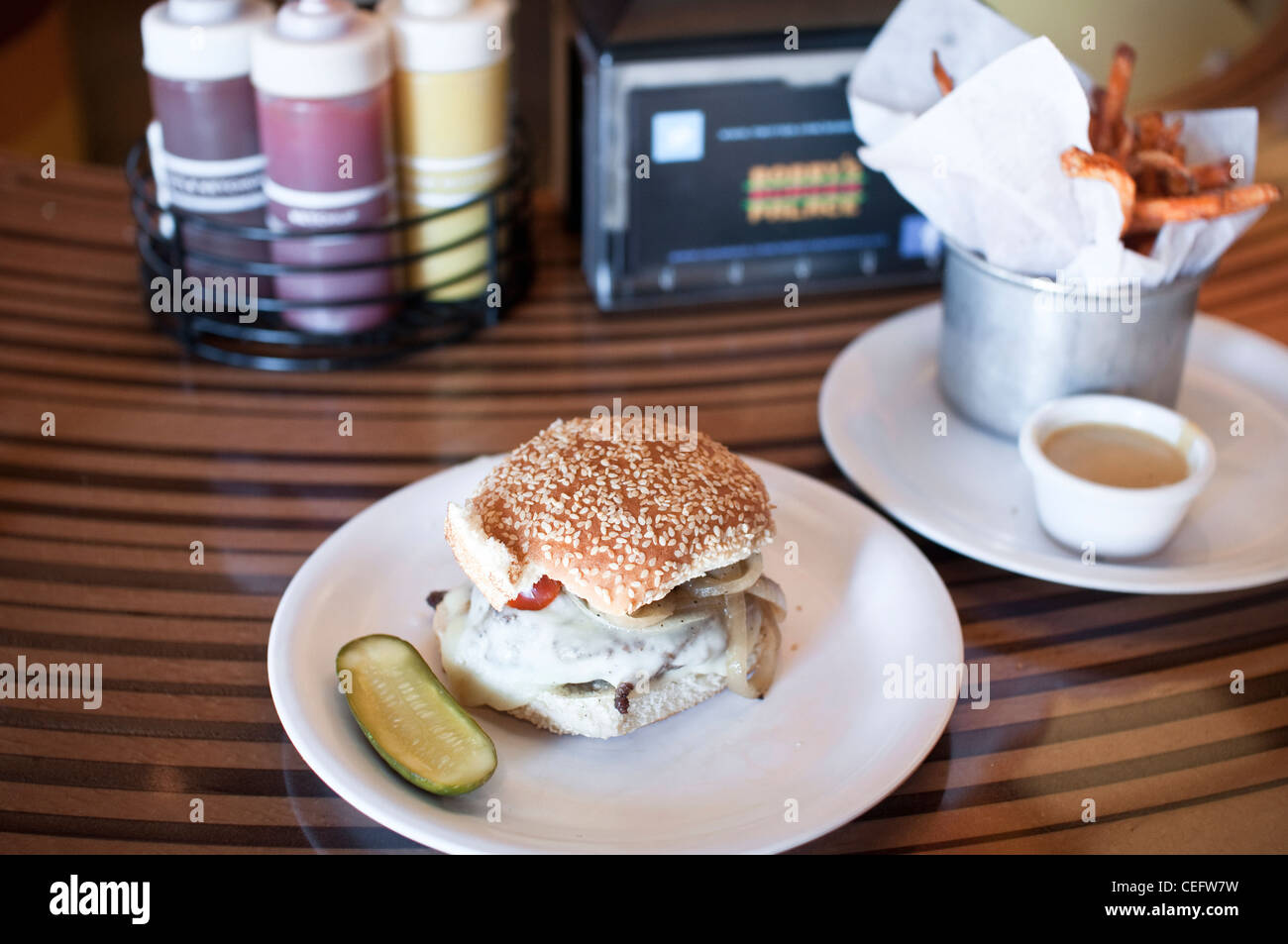 A Philadelphia Burger at Bobby's Burger Palace, the fast casual burger concept by Bobby Flay. Paramus, NJ, USA. Stock Photo