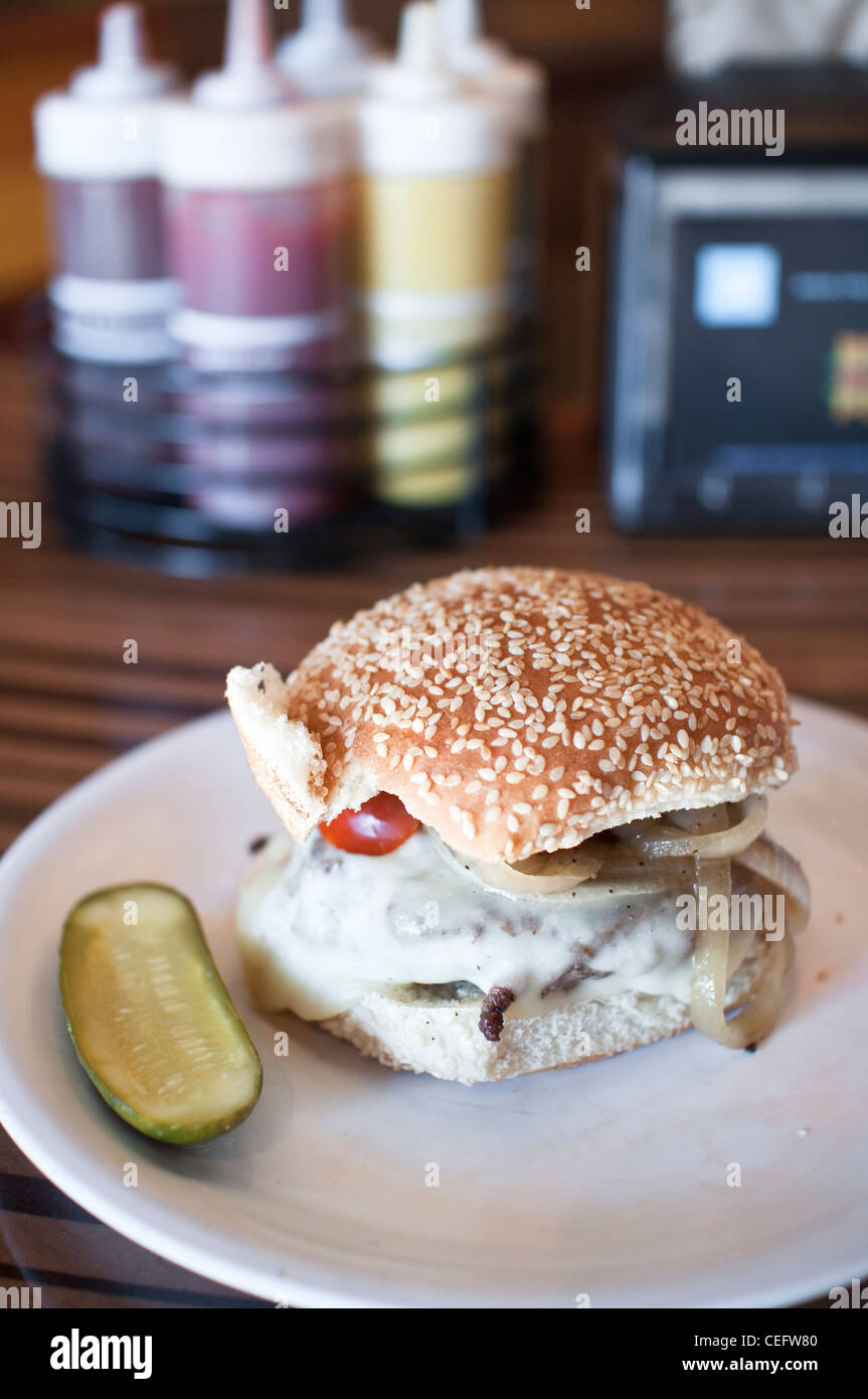 A Philadelphia Burger at Bobby's Burger Palace, the fast casual burger concept by Bobby Flay. Paramus, NJ, USA. Stock Photo