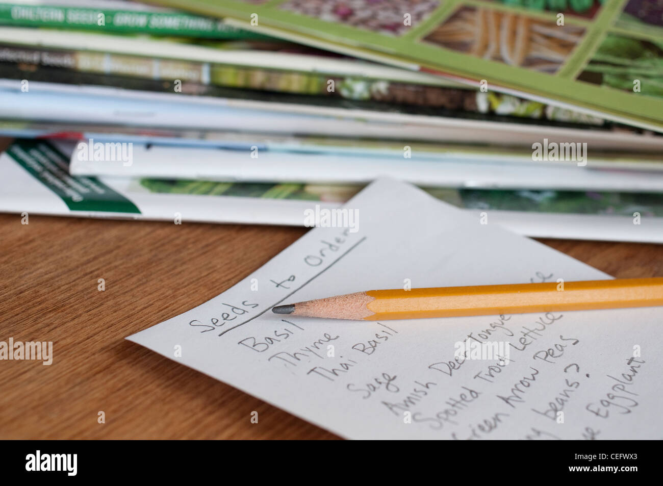 A gardener's list of seeds to order for the growing season next to a stack of seed catalogues. Stock Photo
